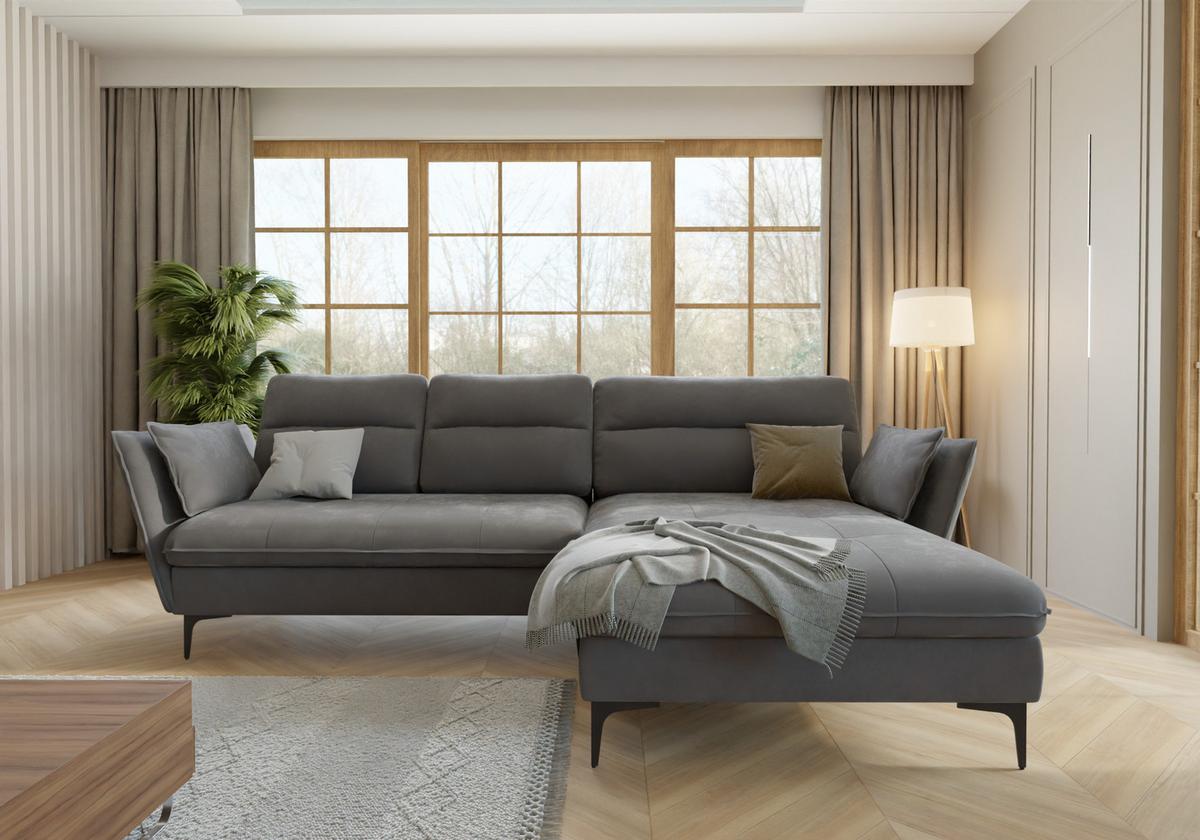 ECKSOFA Mira Grau Samt-Stoff - Schwarz/Grau, Textil/Metall (260/168cm) - S-Style Möbel