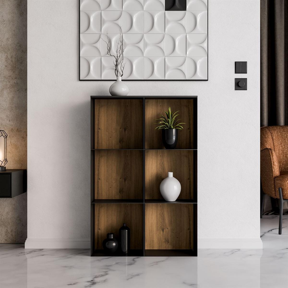 METALLREGAL QUADRO IV mit LED-Beleuchtung - Schwarz/Eiche Artisan, Holzwerkstoff (66/99/20cm) - Lookway