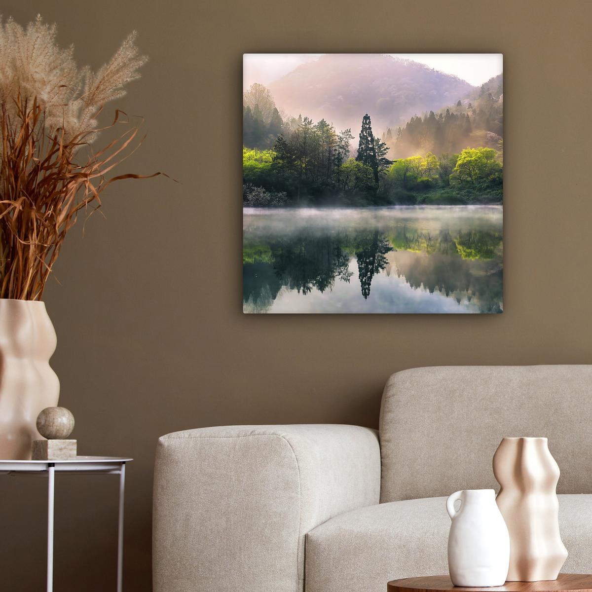 LEINWANDBILD Natur - Bäume - Berge - See - Wasser Wandbild Wohnzimmer 50x50 cm - Hellgrün, Textil (50/50cm) - MuchoWow