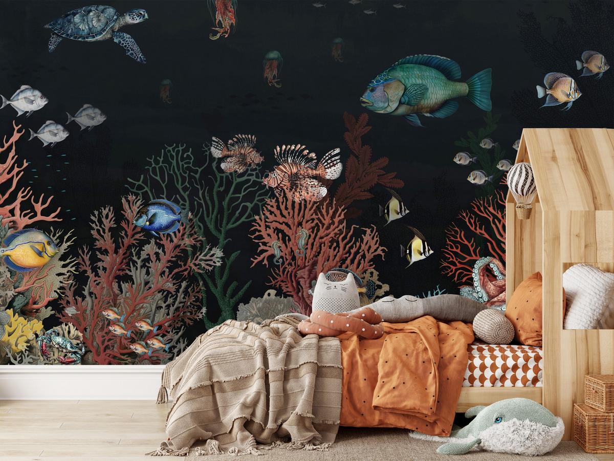 FOTOTAPETE für Badezimmer Bunter Unterwasser Pflanzen Riff Fische 500x350 - Rot/Schwarz, Papier (500/350cm) - Muralo