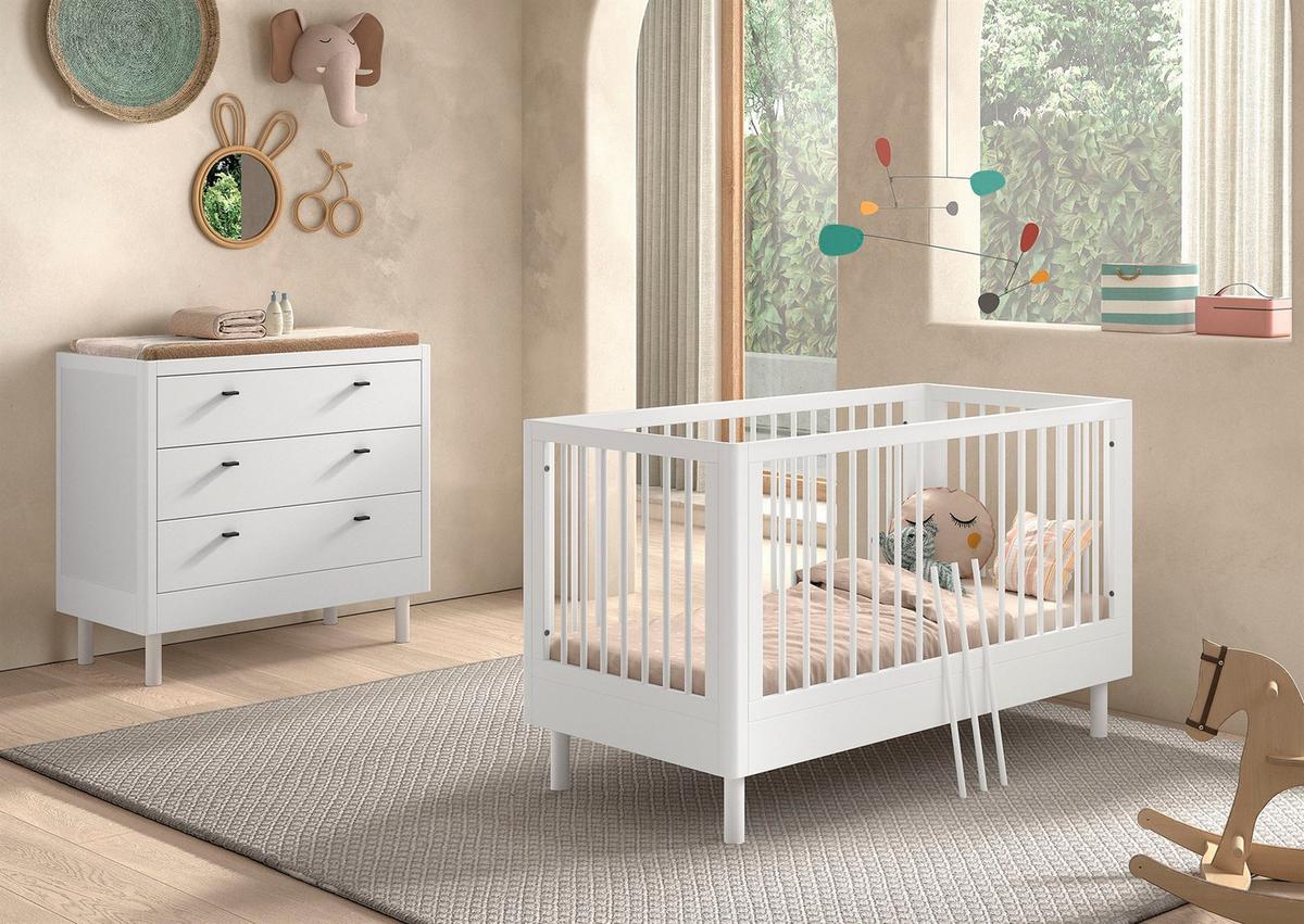 BABYBETT SET 70x140 Keeley Buche Weiß Holz Kommode Komfort Stabil - Weiß, Holz (74/88/144cm) - 58aufmkessel