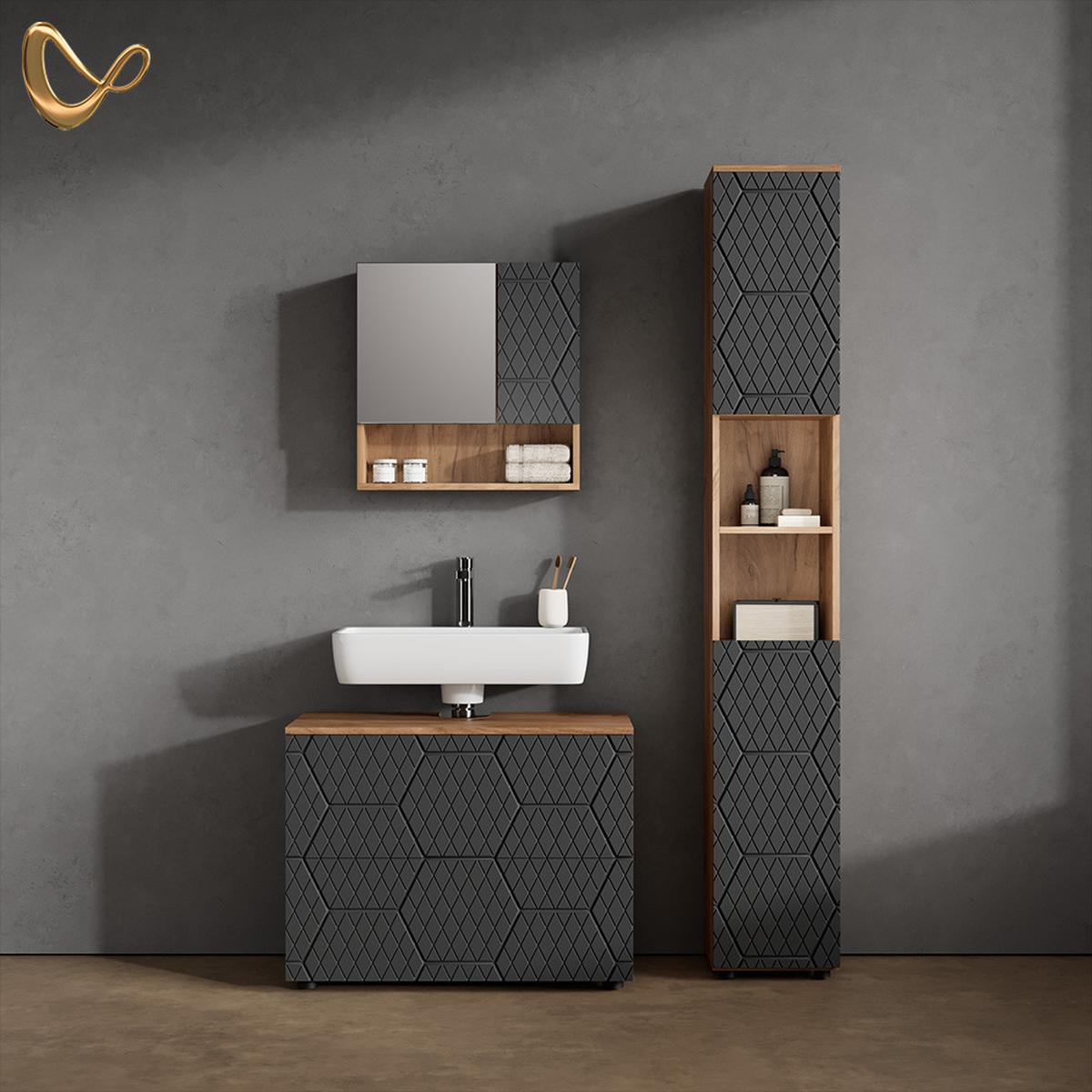 BADSPIEGELSCHRANK Ronco Anthrazit mit Wabenstruktur 54 x 55 cm - Anthrazit, Holzwerkstoff (54/55/17cm) - Livinity®