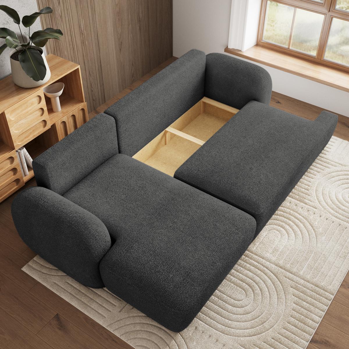 ECKSOFA MODENZA N L-S Grau Boucle-Stoff mit Schlaffunktion - Schwarz/Grau, Holz/Kunststoff (266/148cm) - MASSENO