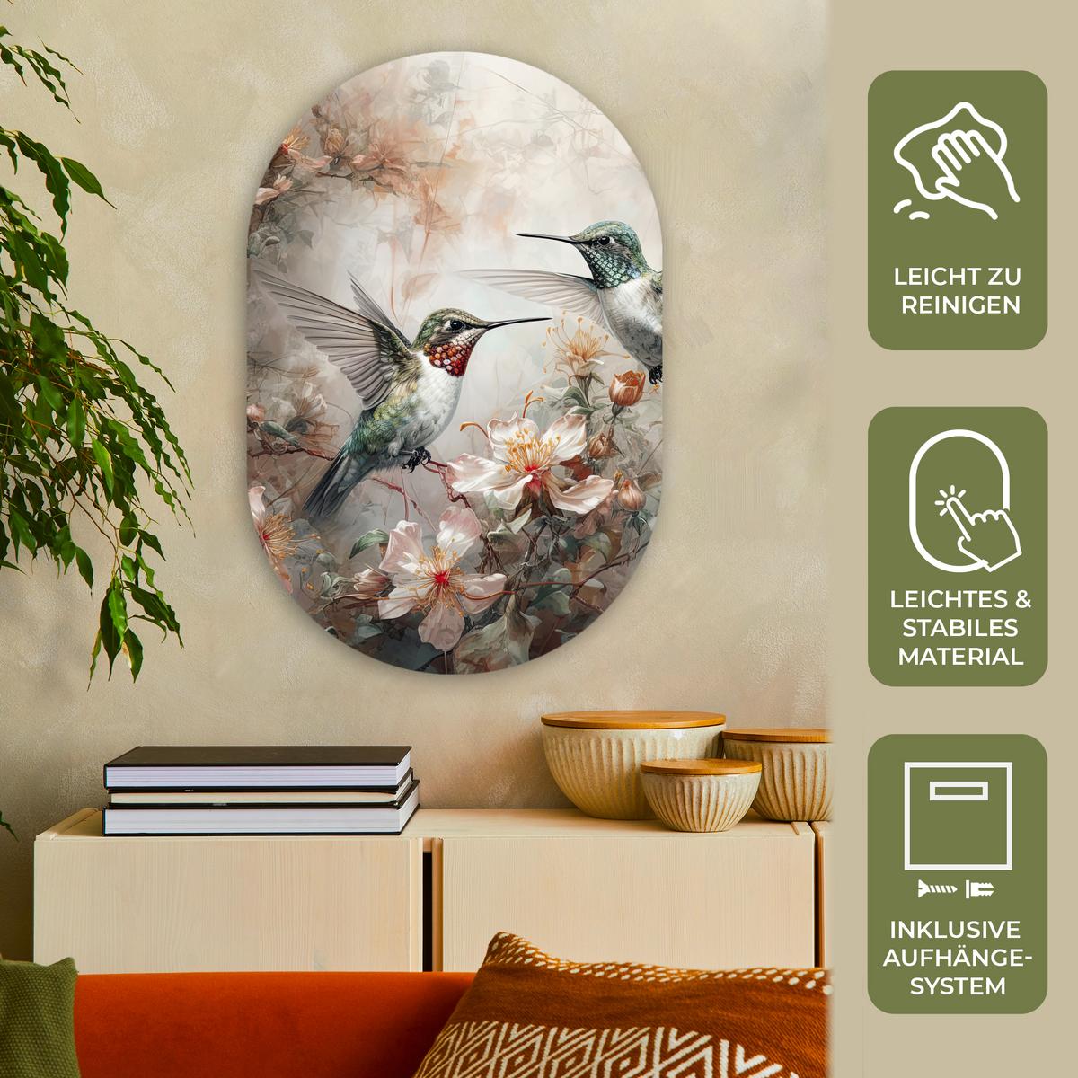 WANDBILD Kolibri - Vögel - Blumen - Pflanzen Wanddeko Schlafzimmer 60x90 cm - Hellgrün, Kunststoff (60/90cm) - MuchoWow