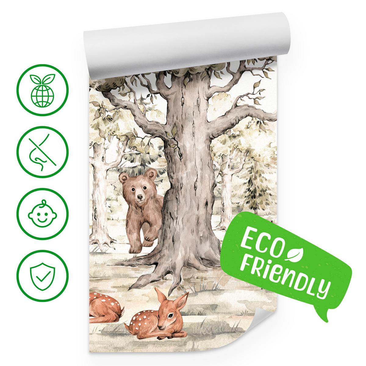 FOTOTAPETE für Kinderzimmer Waldtiere Aquarell Bär Fuchs Reh Bäume 200x140 - Beige/Orange, Papier (200/140cm) - Muralo
