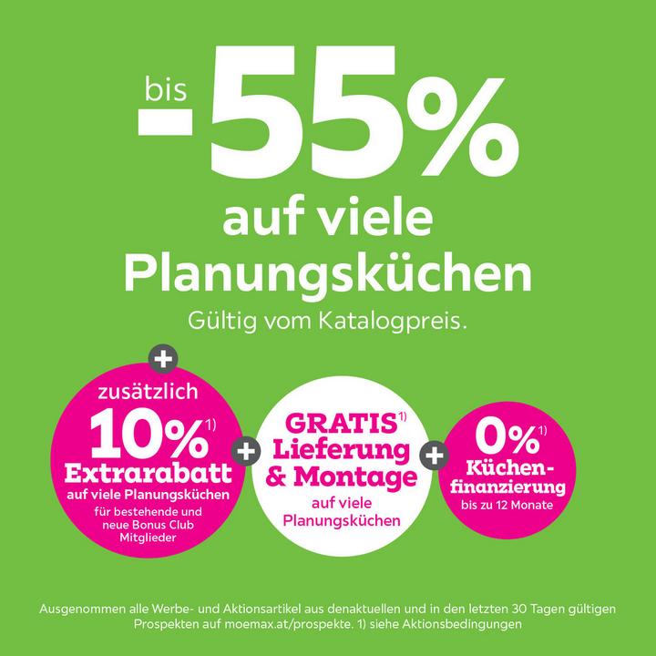 bis -55% auf viele Planungsküchen + 10% Extrarabatt für bestehende und neue Bonus Club Mitglieder + Gratis Lieferung & Montage auf viele Planungsküchen + 0% Küchenfinanzierung