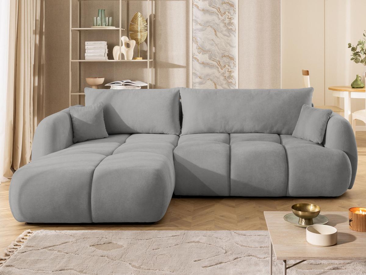 ECKSOFA Loretto aus natürlichem Grau Webstoff mit Schlaffunktion, Bettkasten und tiefen Steppungen in Bubble-Optik - Schwarz/Grau, Holz/Kunststoff (180/275cm) - S-Style