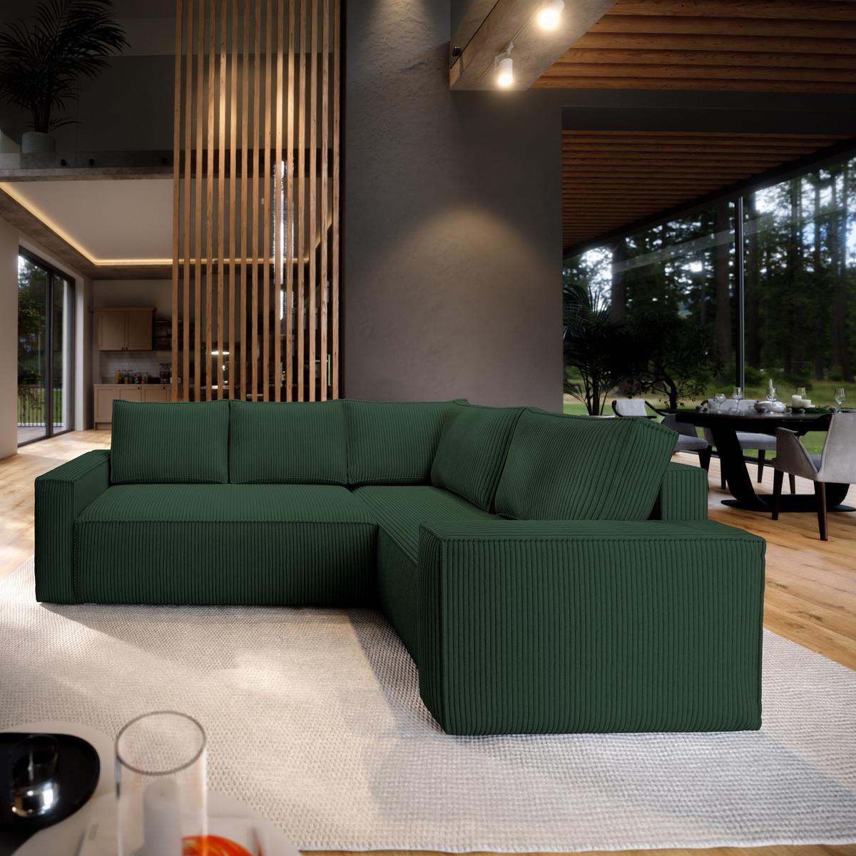 ECKSOFA ESTANO R-S Grün Kordstoff mit Schlaffunktion - Grün, Holz (230/158cm) - MASSENO