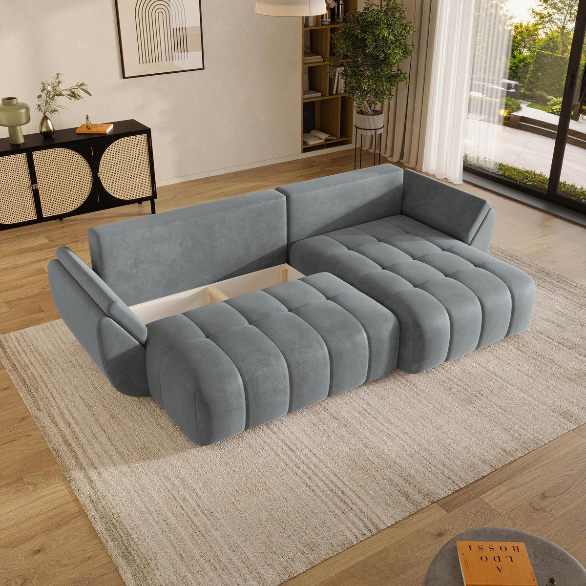 ECKSOFA OLSI Grau Velours-Stoff mit Schlaffunktion - Grau, Holz (285/148cm) - MASSENO
