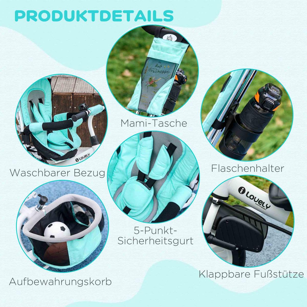 6-IN-1 Dreirad mit Schubstange, Kinderdreirad mit abnehmbarem Sonnendach Grün - Grün, Metall (102/49/102cm) - HOMCOM
