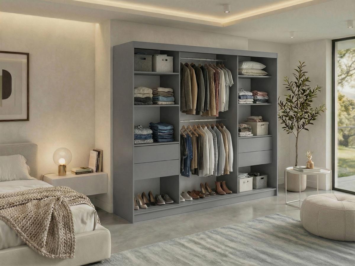 SCHWEBETÜRENSCHRANK mit Lamellen und Schubladen LUMOS - 240 - Grau und Weiß - Alufarben/Weiß, Holzwerkstoff/Metall (240/216/61cm) - MKS