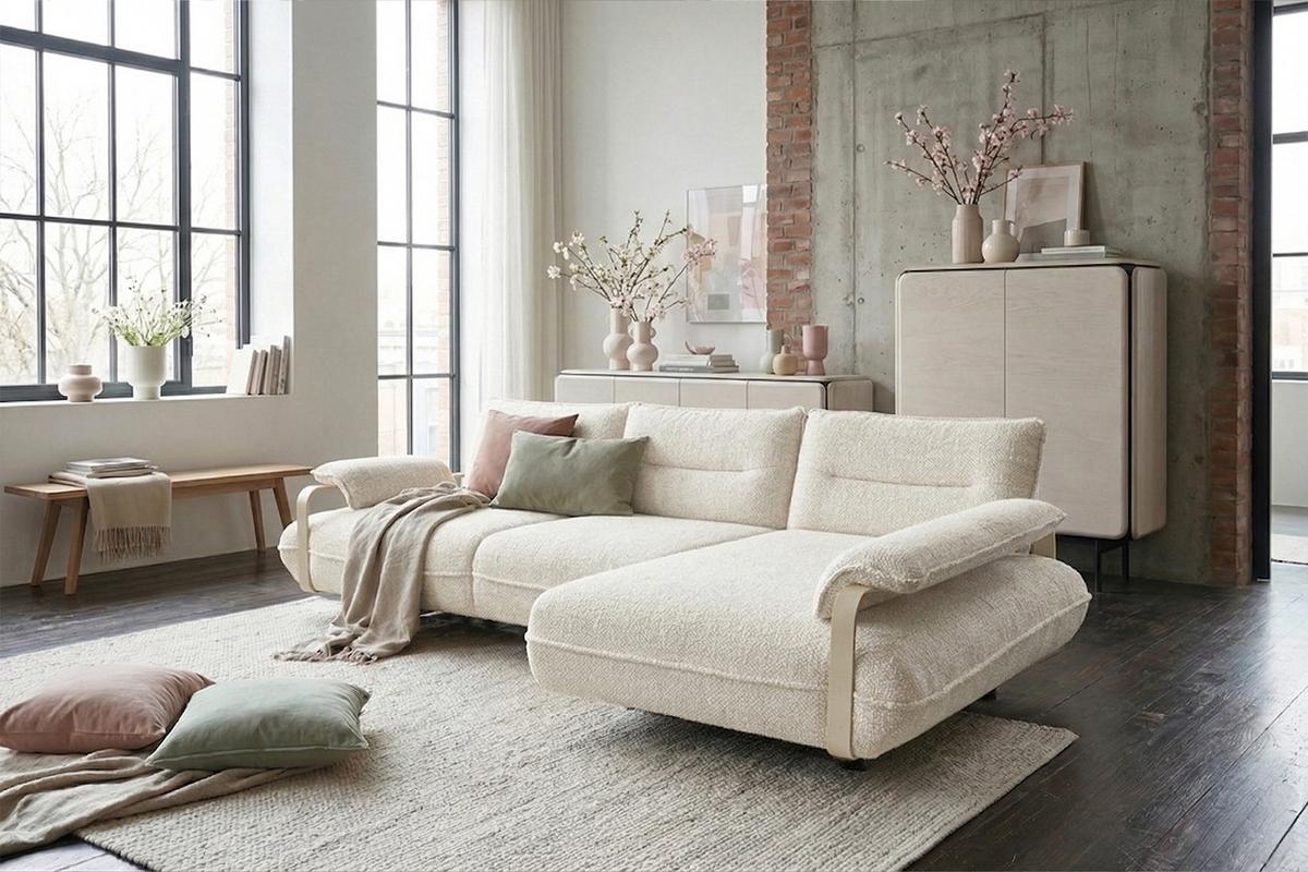 ECKSOFA ANISSA Cremeweiß Flachgewebe - Creme/Schwarz, Kunststoff/Textil (185/297cm) - KAWOLA