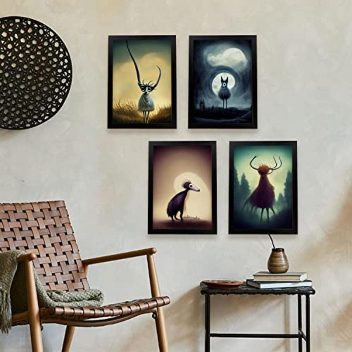 POSTER Set mit 4 Wald Tier im T Burton Goth Stil A4 Schwarzer Rahmen - Schwarz, Papier (29.7/3cm) - Nacnic