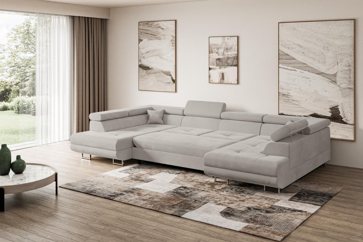 WOHNLANDSCHAFT mit Schlaffunktion und Bettkasten GUSA-U 342x202x107 cm Hellbraun Velours - Hellbraun/Silberfarben, Holzwerkstoff/Textil (342/107/202cm) - ALTDECOR