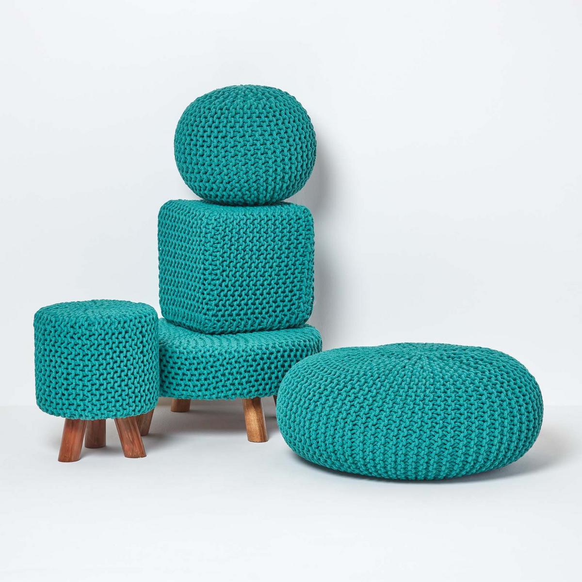 STRICK-POUF petrol-grün, Bodenkissen rund 70/70/23 cm - Grün, Textil (70/23/70cm) - Homescapes