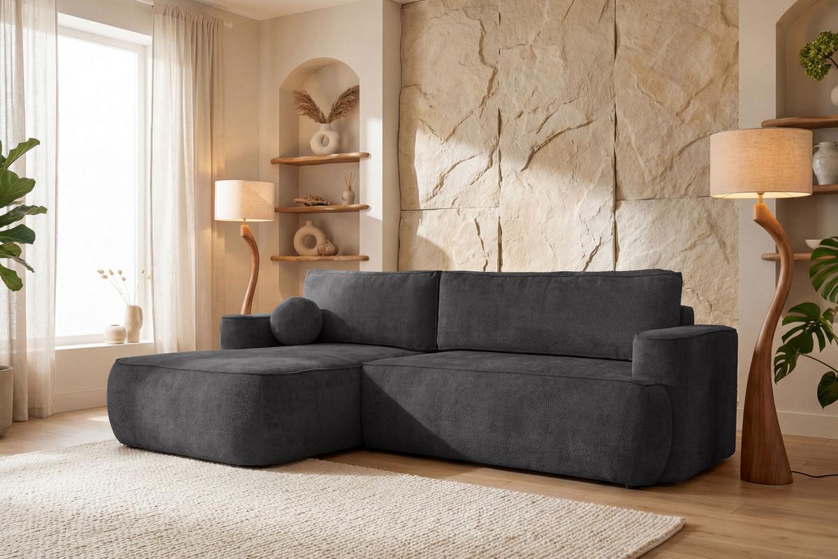 ECKSOFA Marion mit Schlaffunktion & Bettkasten in Chenille Graphit, Schwarz, Links 267/154/83 cm - Graphitfarben/Schwarz, Kunststoff/Textil (267/154cm) - WFL GROUP