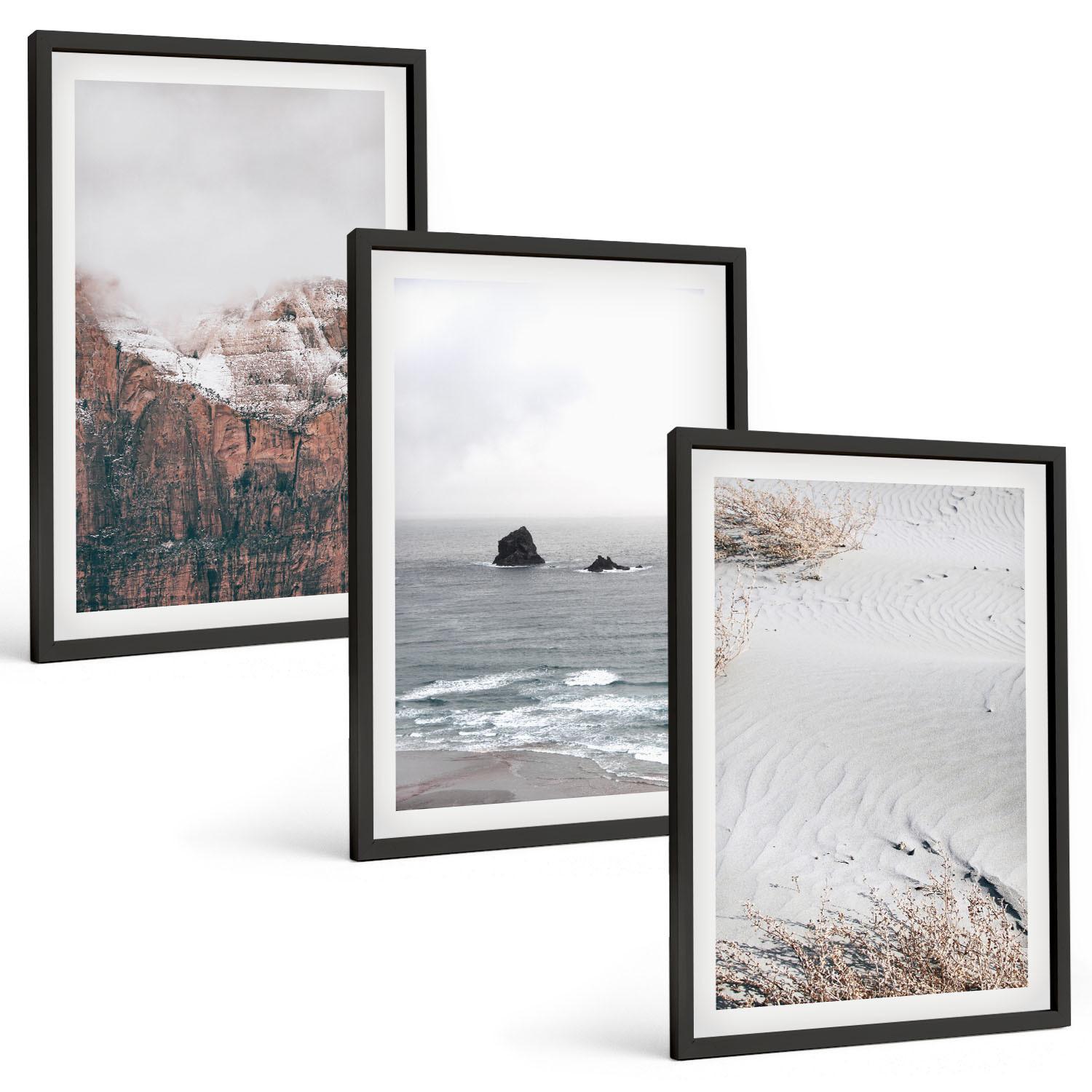 BILDER SET 3er Set - 40x60 cm Schwarzer Rahmen - Berge, Wolken, Meer, Sand, Natur - Schwarz, Kunststoff (40/60cm) - TULUP