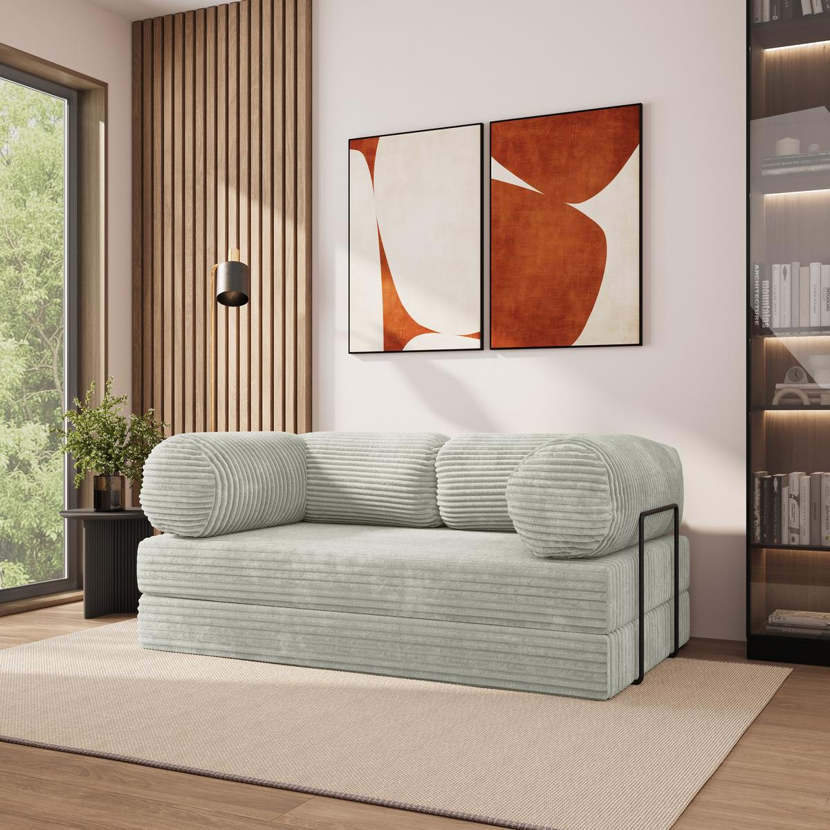 BETTSOFA ALVIO aus Schaumstoff Kordstoff Hellgrau Schlaffunktion - Hellgrau, Textil (170/68/80cm) - MASSENO