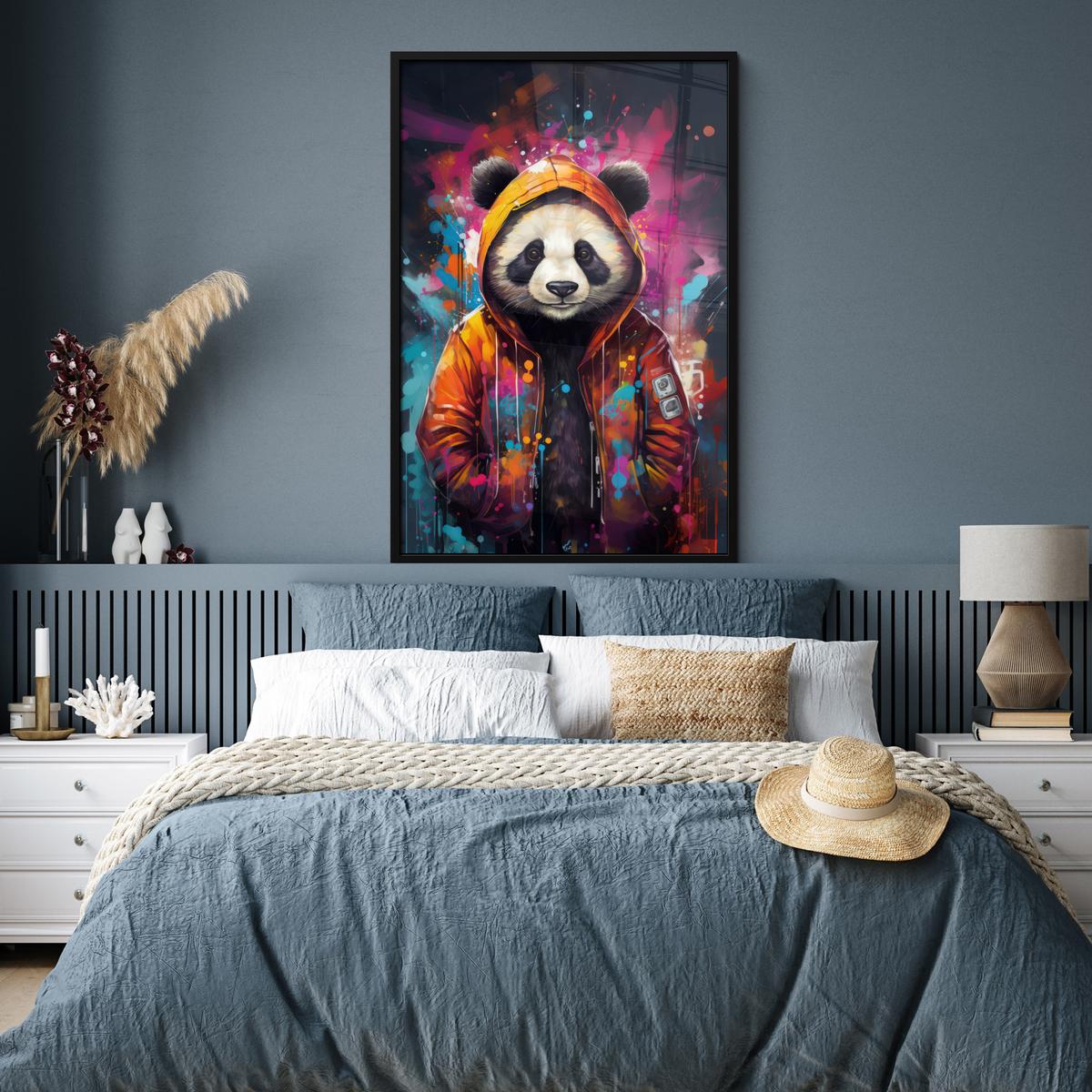 POSTER MIT RAHMEN Panda - Jacke - Graffiti - Orange Bilderleiste 80x120 cm - Orange, Papier (80/120cm) - MuchoWow