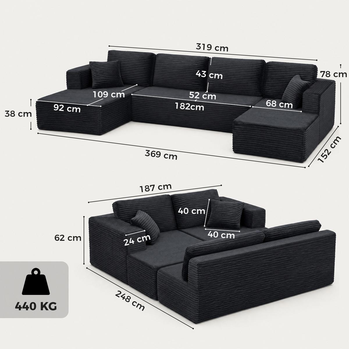 ECKSOFA 3er Set Polyester Grau - Dunkelgrau, Textil (152/369cm) - HOMCOM