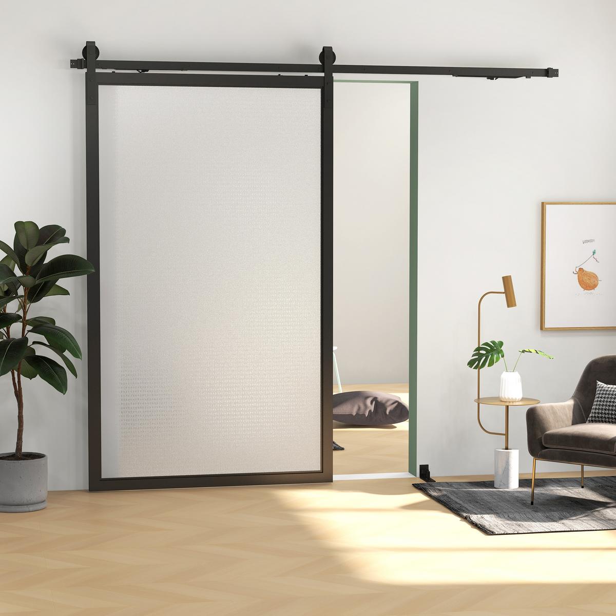 SCHIEBETÜREN-BESCHLAGSATZ, 244 cm Komplett-Set mit Schienen, Rollen, Anti-Sprung-Vorrichtungen, Türstopper, Schwarz - Schwarz, Metall (0.5/4/244cm) - HOMCOM