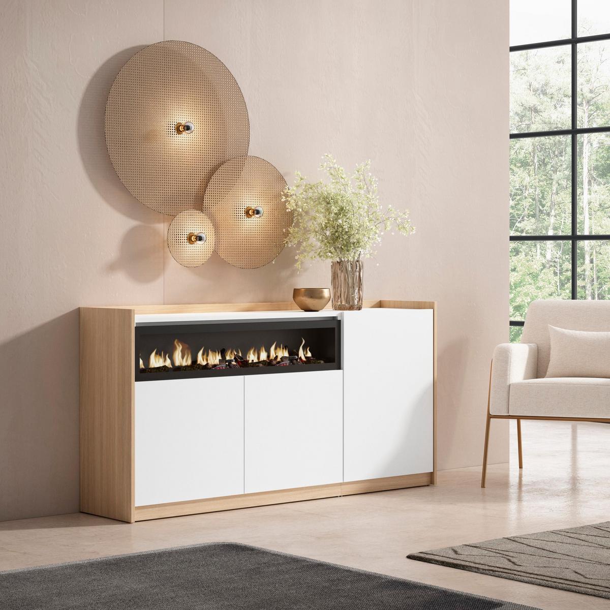 SIDEBOARD, Highboard, Weiß und Eiche Soft, Elektrokamin, 156/37/80cm - Weiß, Holzwerkstoff (156/80/37cm) - Skraut Home