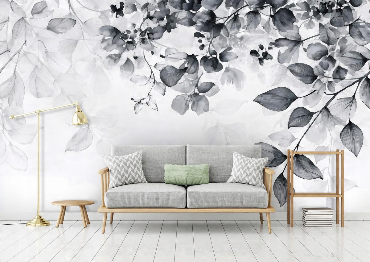 FOTOTAPETE Blätter Schwarz und Weiß Wohnzimmer 200x140 - Weiß, Papier (200/140cm) - Wallarena