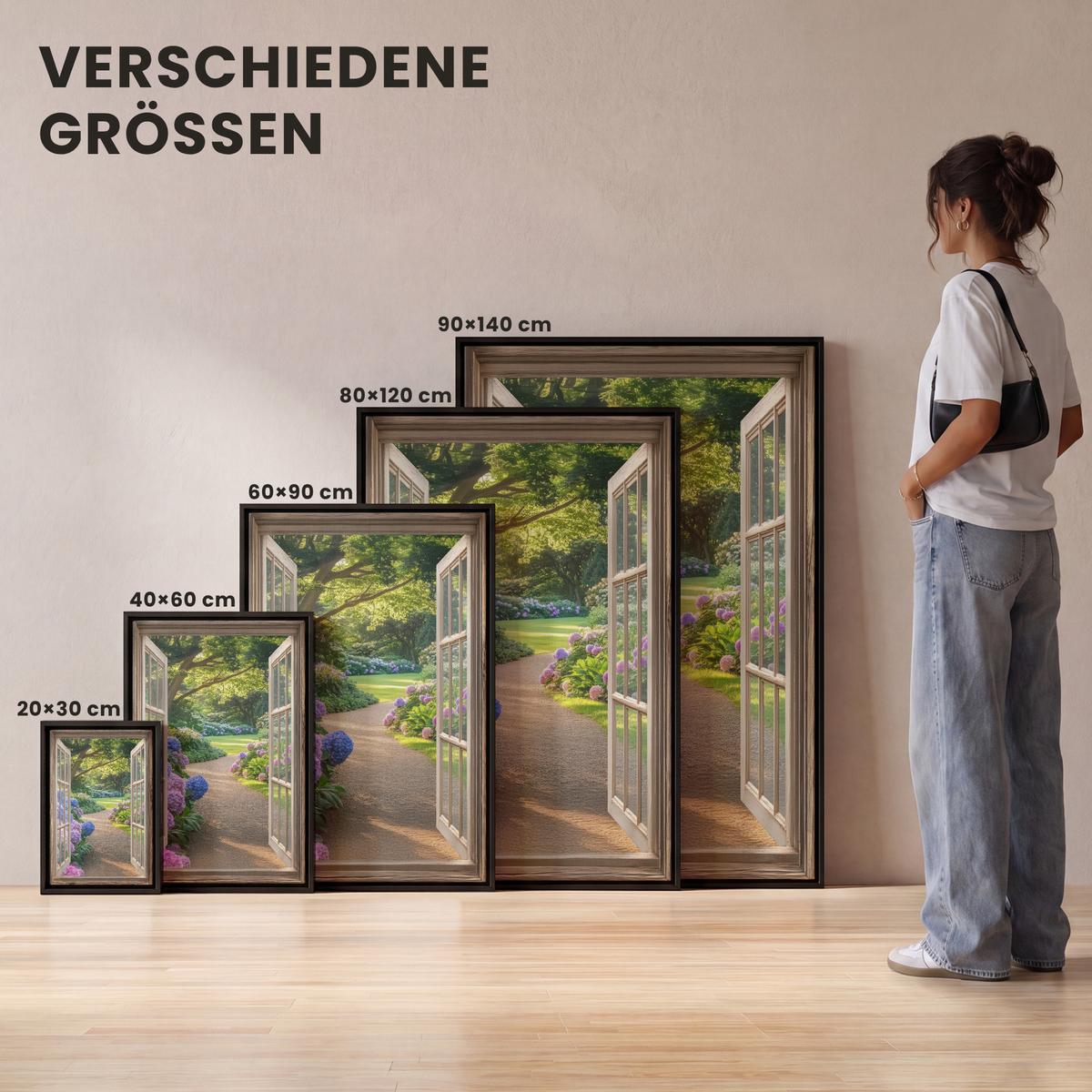 LEINWAND Bilder mit Rahmen - Aussicht - Garten - Fenster - Hortensie - Blumen - 100x150 - Pastellblau, Textil (100/150cm) - MuchoWow