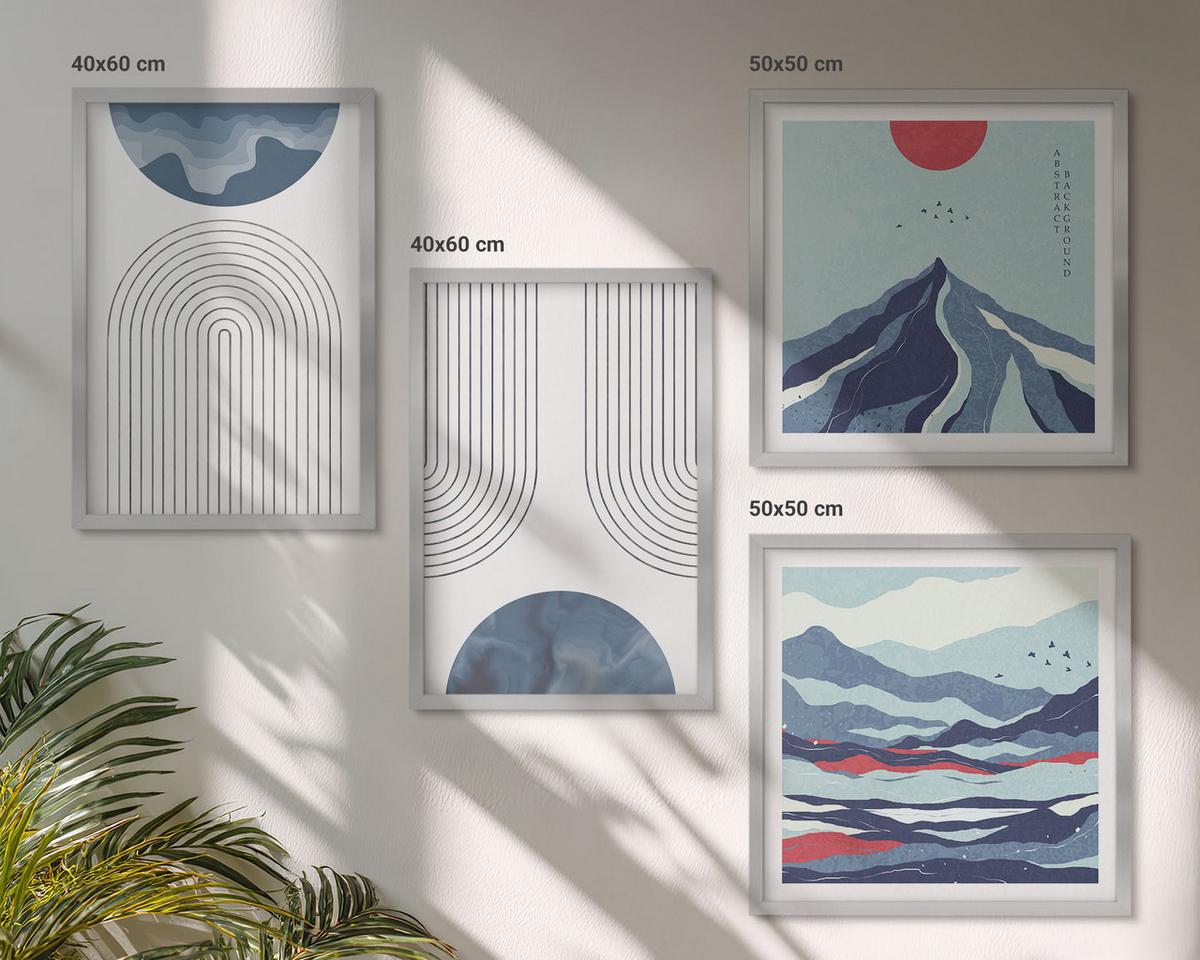 BILDER SET 4er Set - 50x50 cm & 40x60 cm Silberner Rahmen - Abstrakte Berglandschaften - Silberfarben, Kunststoff (50/50cm) - TULUP