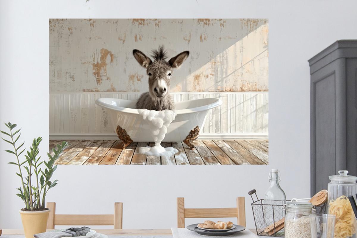 WANDTATTOO Esel - Tiere - Badewanne - Schaumstoff Wandsticker 120x80 cm - Weiß, Kunststoff (120/80/0.1cm) - MuchoWow