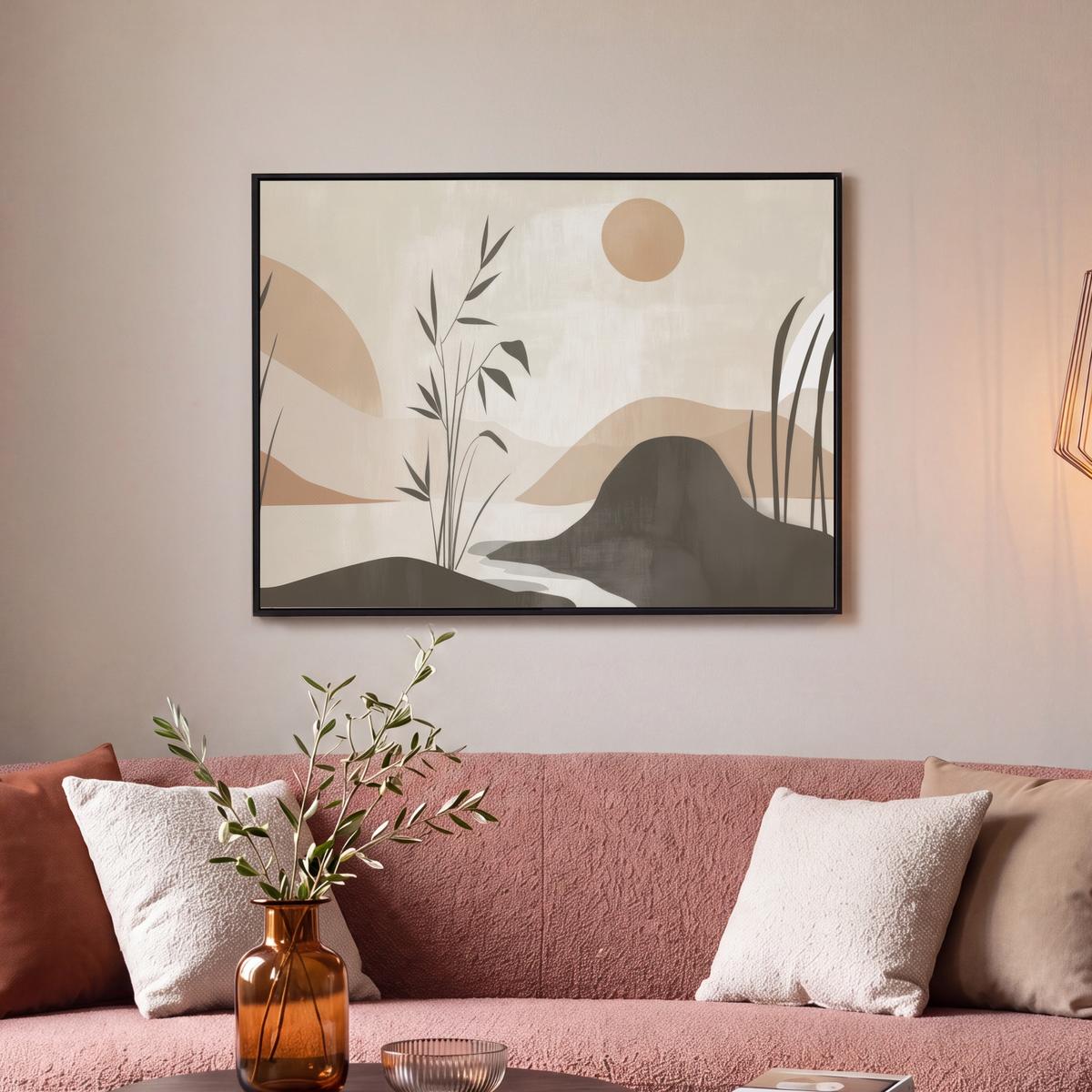LEINWAND Bilder mit Rahmen - Japandi - Landschaft - Beige - 80x60 - Cognac, Textil (80/60cm) - MuchoWow
