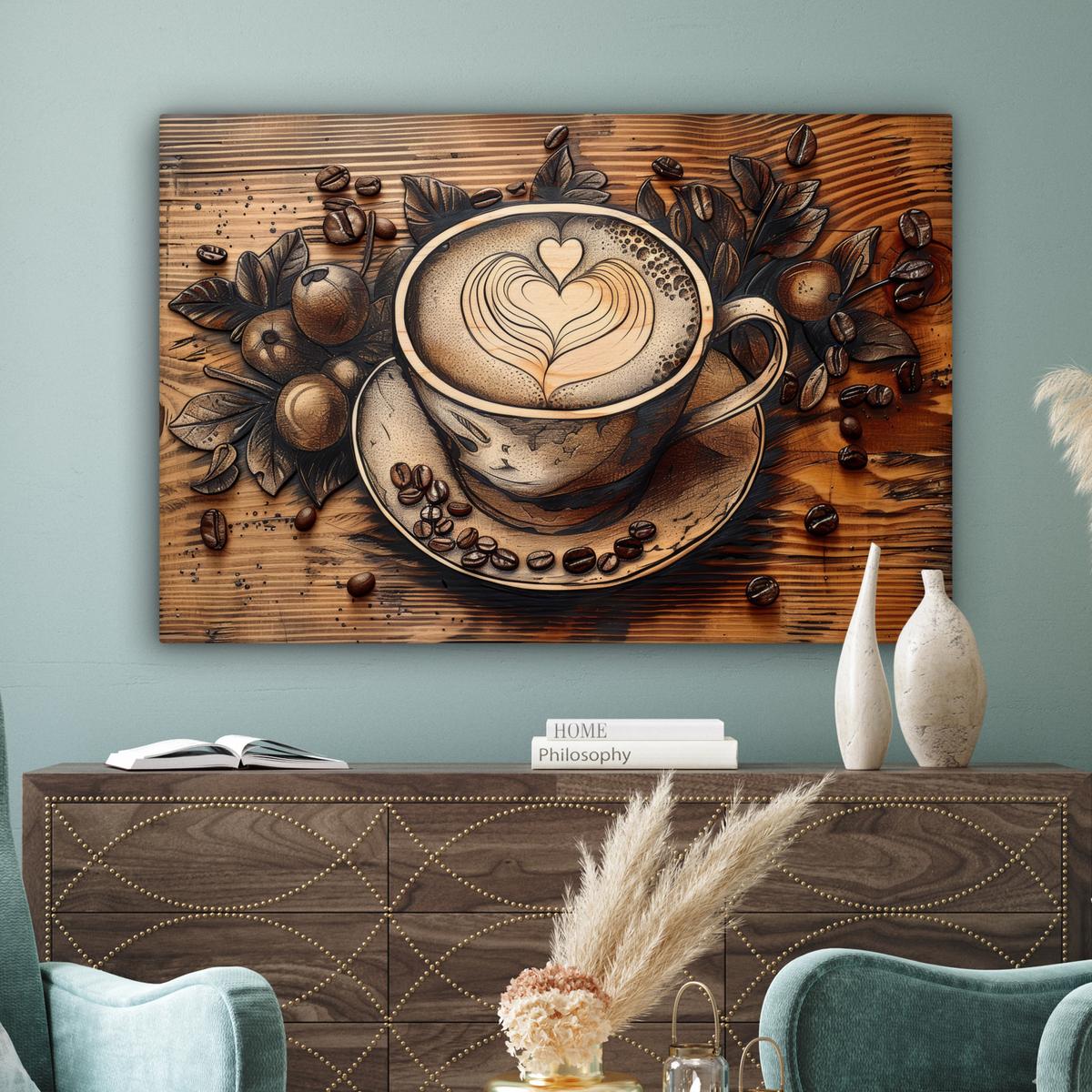 LEINWANDBILD Kaffee - Vintage - Braun - Tasse - Holz Groß 140x90 cm - Braun, Textil (140/90cm) - MuchoWow