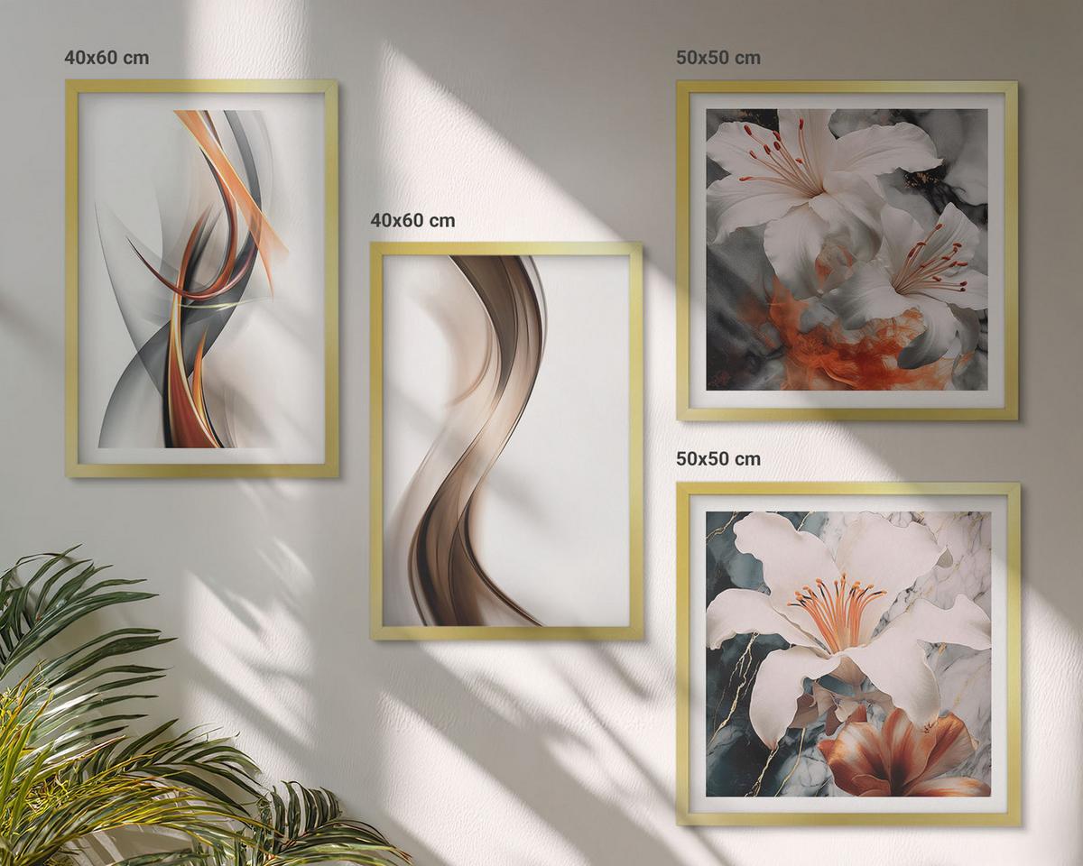 BILDER SET 4er Set - 50x50 cm & 40x60 cm Goldrahmen - Gelbgrau-braune Wellen - Goldfarben, Kunststoff (50/50cm) - TULUP