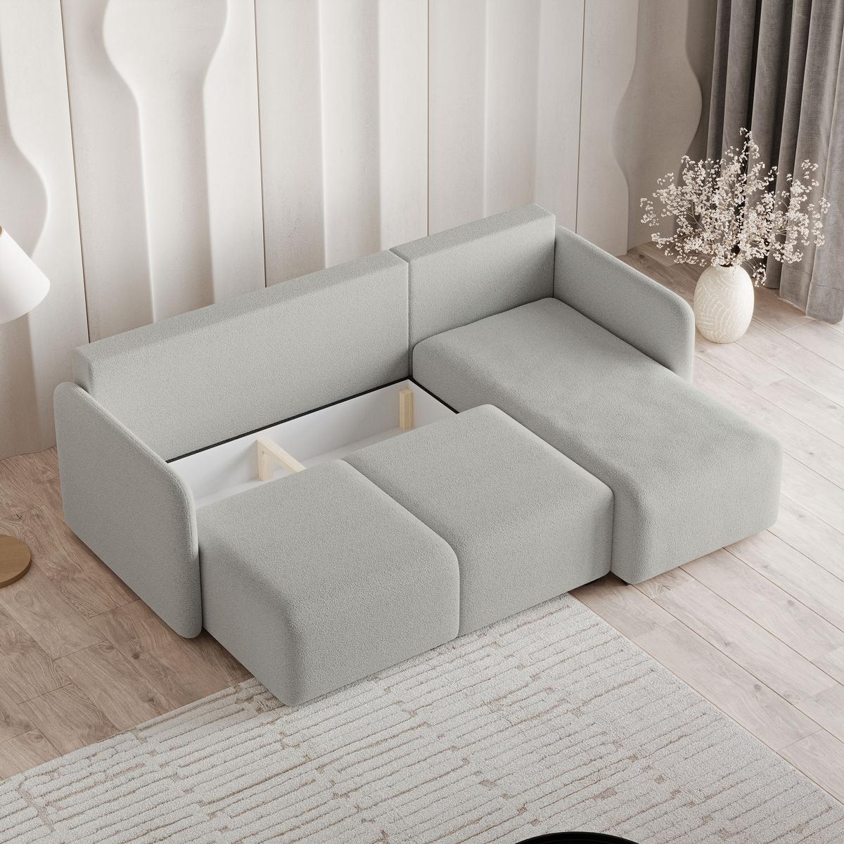 ECKSOFA SUVINO Hellgrau Boucle-Stoff mit Schlaffunktion - Hellgrau, Holz (230/143cm) - MASSENO