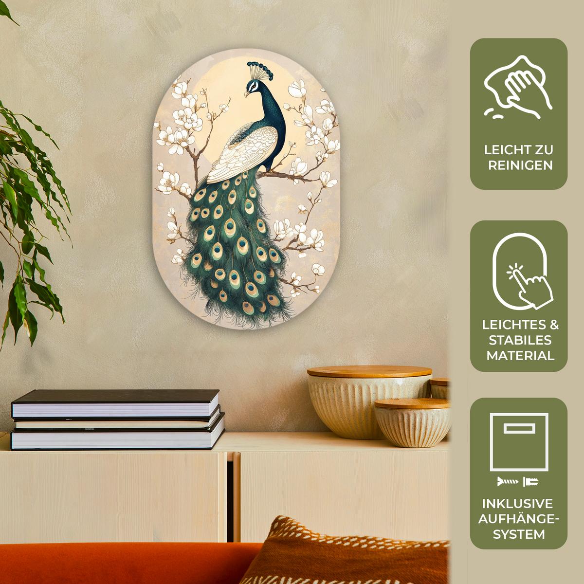 WANDBILD Pfau - Zweig - Blumen Deko Wohnzimmer 40x60 cm - Champagner, Kunststoff (40/60cm) - MuchoWow