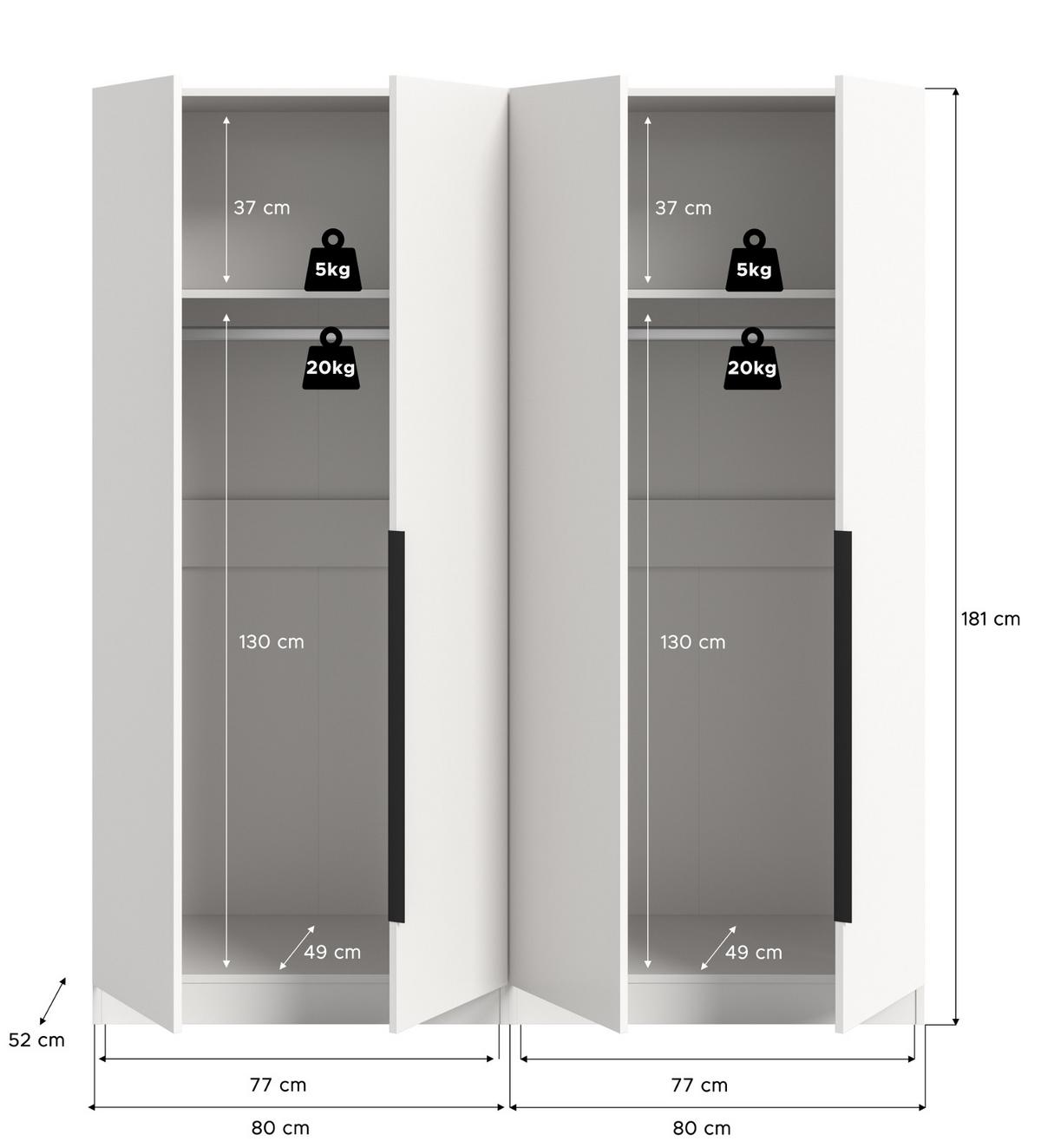 KLEIDERSCHRANK weiß 4-türig 160 x 181 cm, Drehtürenschrank mit Kleiderstange - Schwarz/Weiß, Holzwerkstoff/Kunststoff (160/181/52cm) - Inn.Furn