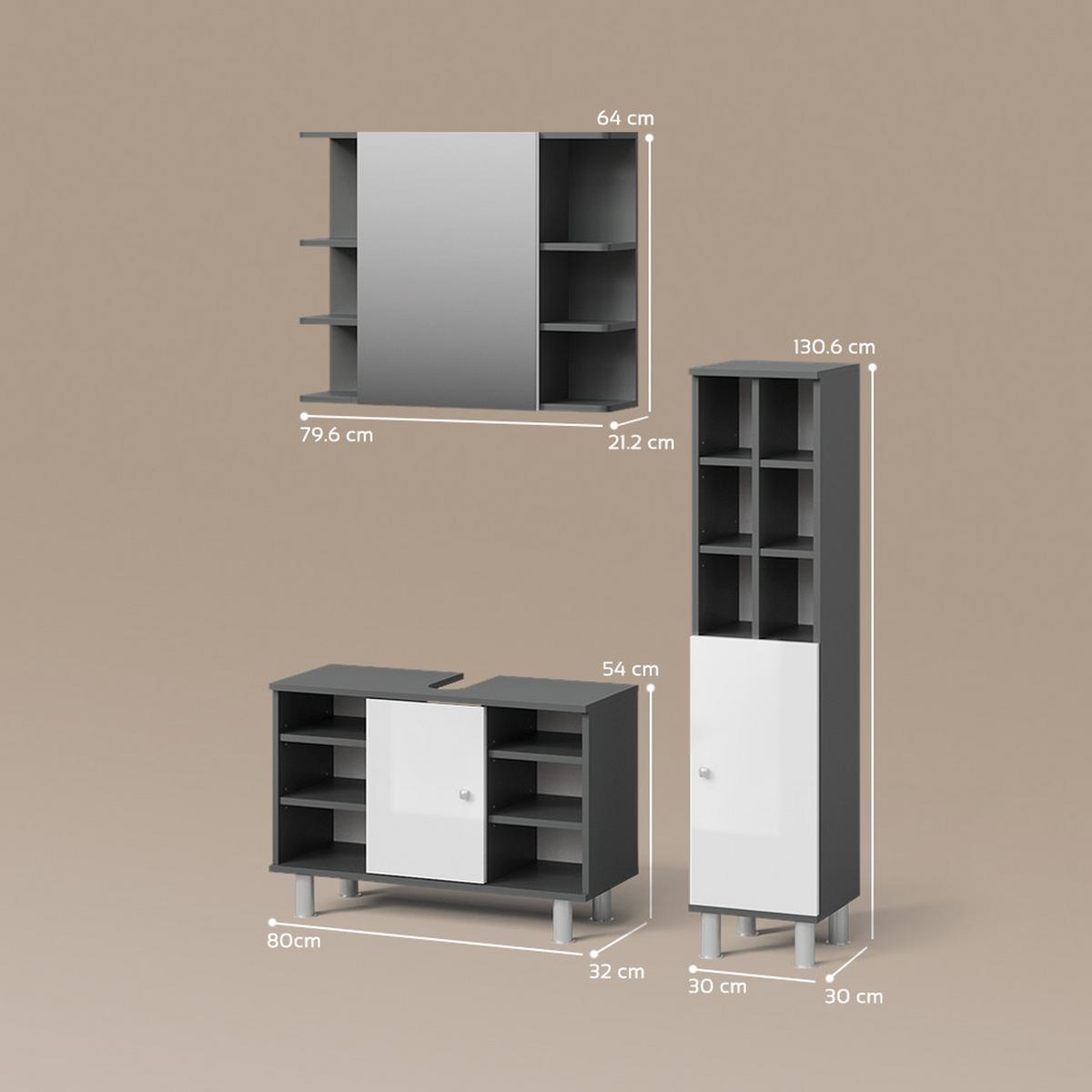 BADMÖBEL-SET Fucino Anthrazit 3 Teile, mit Midischrank Tür groß - Anthrazit, Holzwerkstoff (80/54/32cm) - Livinity®
