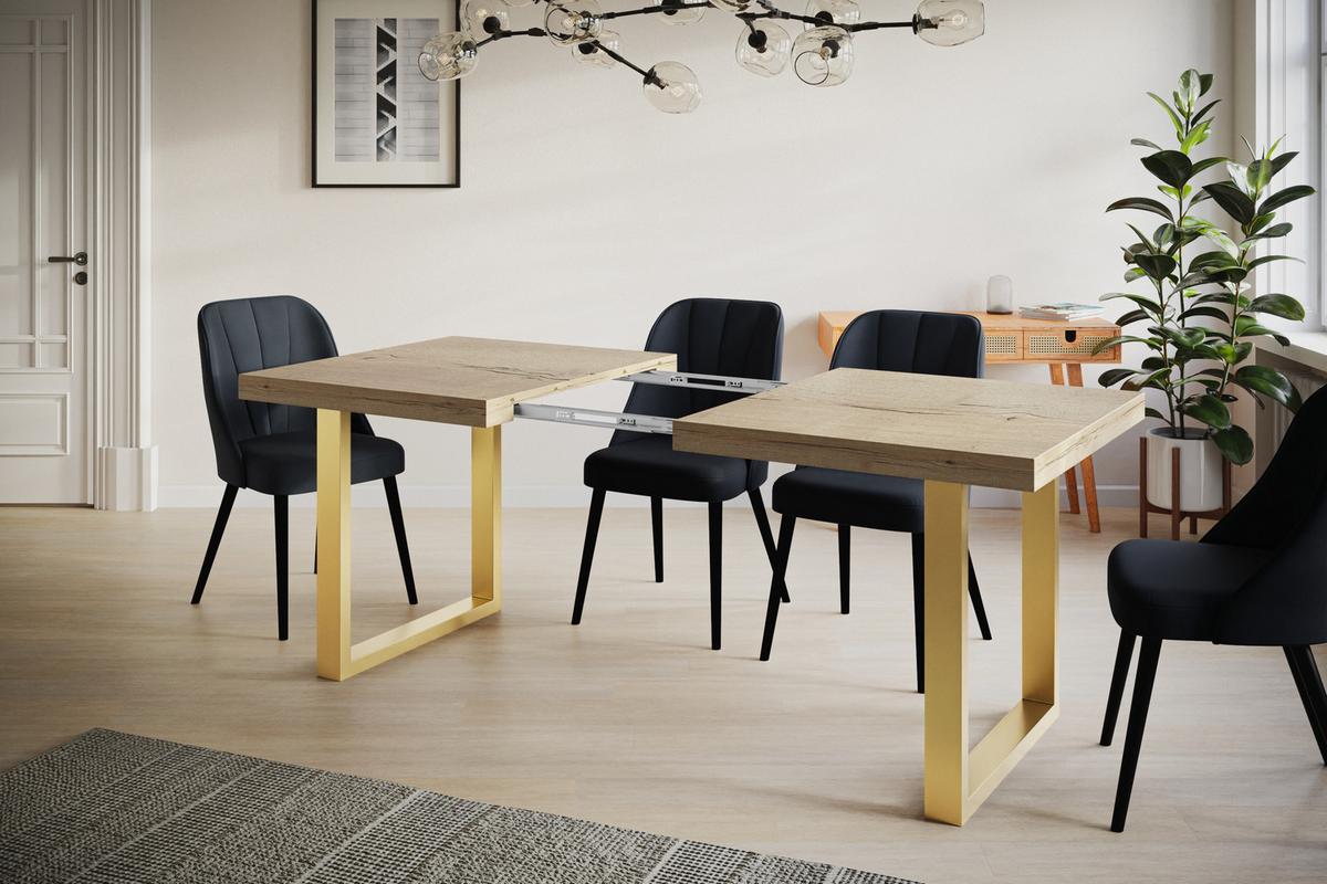 INDUSTRIELLER Esszimmertisch LOFT-U, ausziehbarer Tisch, Größe: 160-260X90X77 cm, Wohnzimmertisch Farbe: HALIFAX, mit Metallbeinen in Farbe Gold - Goldfarben/Naturfarben, Holzwerkstoff (160/90/77cm) - Alpi-Möbel