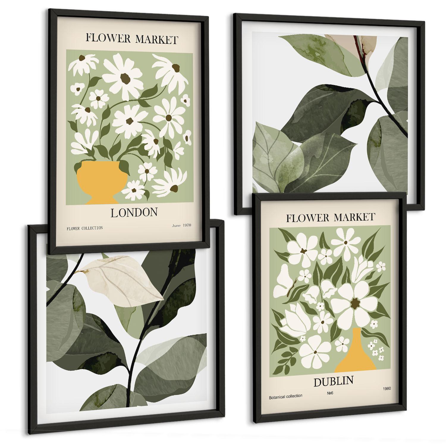 BILDER SET 4er Set - 50x50 cm & 40x60 cm Schwarzer Rahmen - Blumenmuster London Dublin - Schwarz, Kunststoff (50/50cm) - TULUP