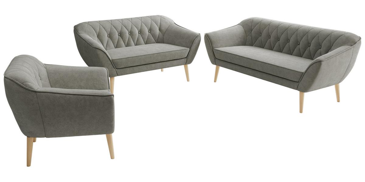 SITZGARNITUR PIRS 3+2+1 - Grau Strukture - Holzbeine - Platinfarben/Buchefarben, Holzwerkstoff/Textil (180/75/74cm) - MKS