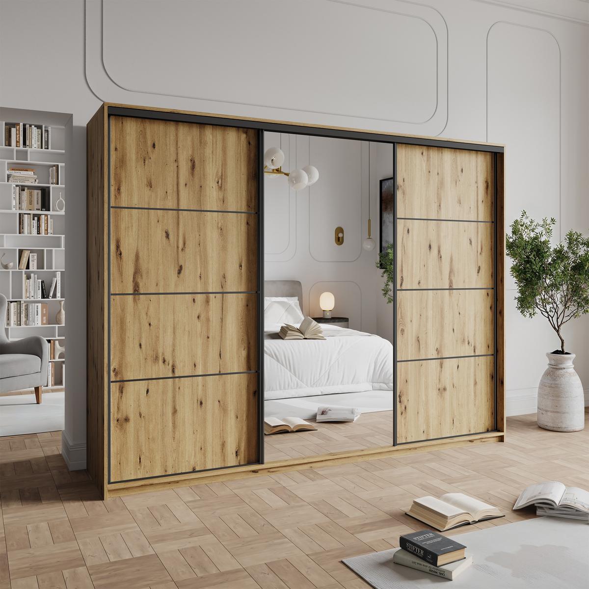 SCHWEBETÜRENSCHRANK VARO 250/205/60 cm 3-türig mit Spiegel und Schubladen Eiche Artisan - Schwarz/Eiche Artisan, Holzwerkstoff (250/205/60cm) - MASSENO