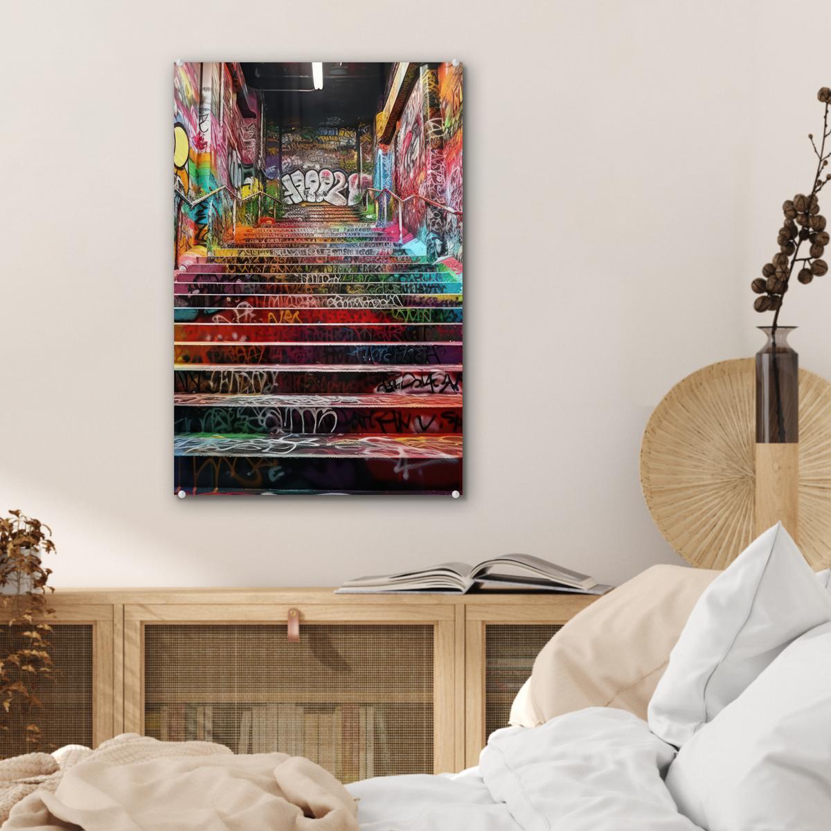 ACRYLGLASBILD Treppe - Graffiti - Farben - Kunst Wanddeko Wohnzimmer 40x60 cm - Multicolor, Glas (40/60cm) - MuchoWow