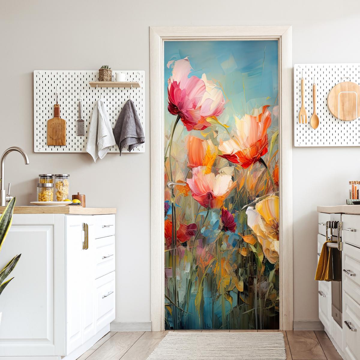 TÜRAUFKLEBER Blumen - Aquarell - Kunst - Botanisch - Natur 90x215 cm - Türtapete - Orange, Kunststoff (90/0.1cm) - MuchoWow