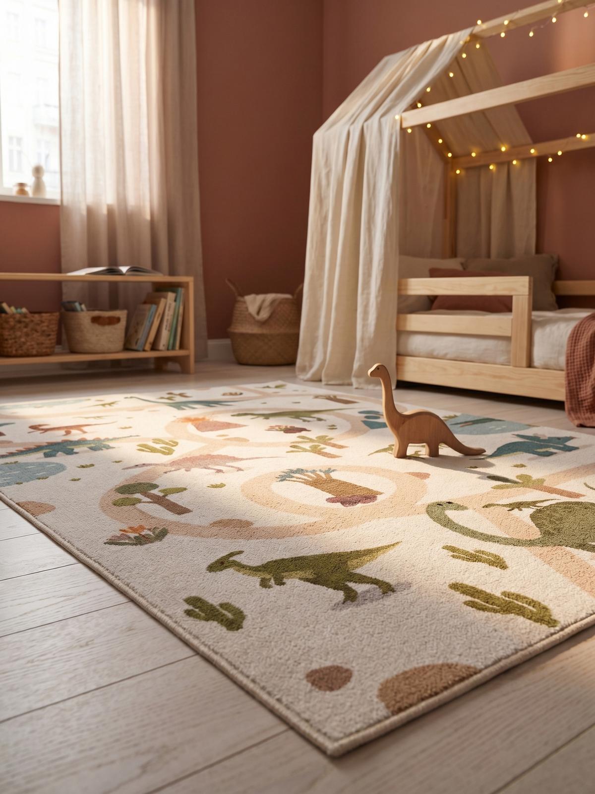 SPIELTEPPICH Waschbar TINO in Creme, mit Dino-Landschaft, 140 x 200 cm - Beige, Textil (200/140cm) - KADIMA DESIGN