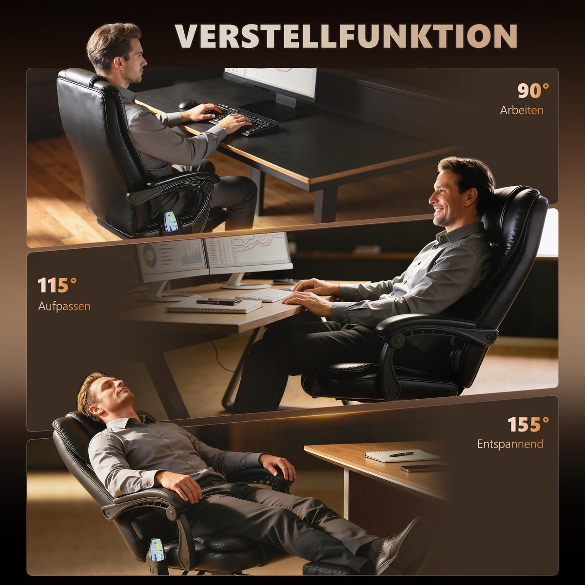 CHEFSESSEL Chefsessel mit Fußstütze Rückenpolster einstellbar PVC Schwarz - Schwarz, Kunststoff/Metall (79/121/67cm) - Vinsetto