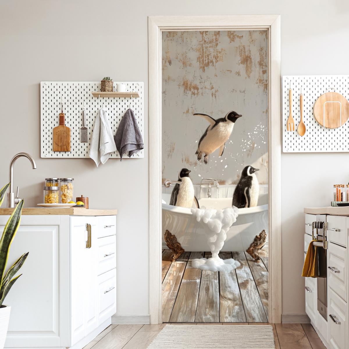 TÜRAUFKLEBER Vintage - Pinguin - Badewanne - Schaumstoff 90x235 cm - Türtapete - Hellbraun, Kunststoff (90/0.1cm) - MuchoWow