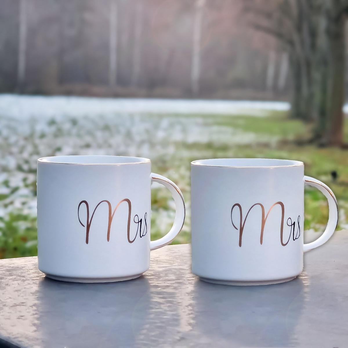 KAFFEETASSE mit Goldrand und Aufschrift Mrs & Mrs 300 ml (2-tlg.) - Weiß, Keramik (0.3L) - Intirilife