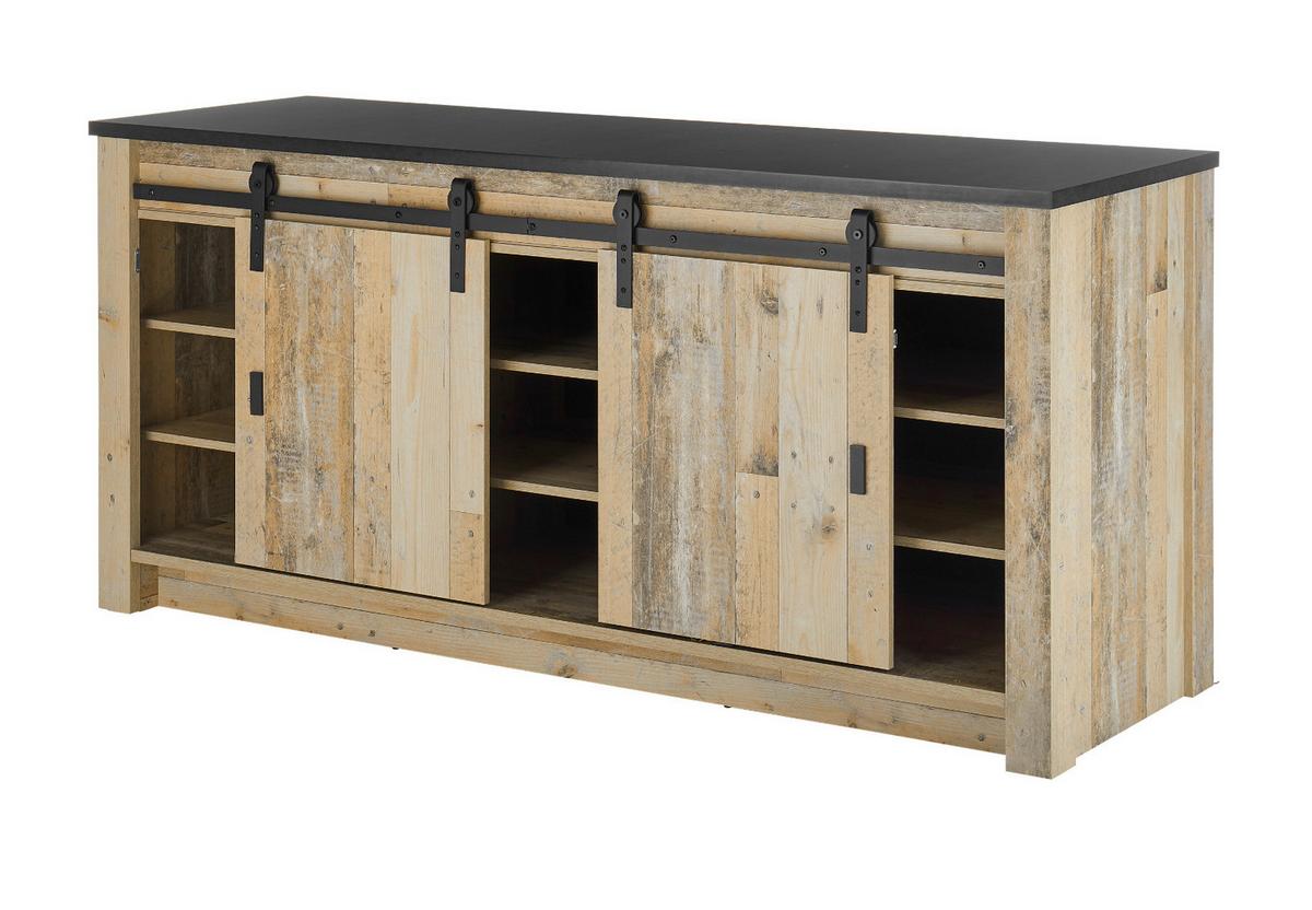 KÜCHENBLOCK in Used Wood Vintage 200 cm, Küchenschrank Set 3-teilig, mit Schiebetüren und Soft-Close - Anthrazit/Schwarz, Glas/Holzwerkstoff (200/200/64cm) - Furn.Design