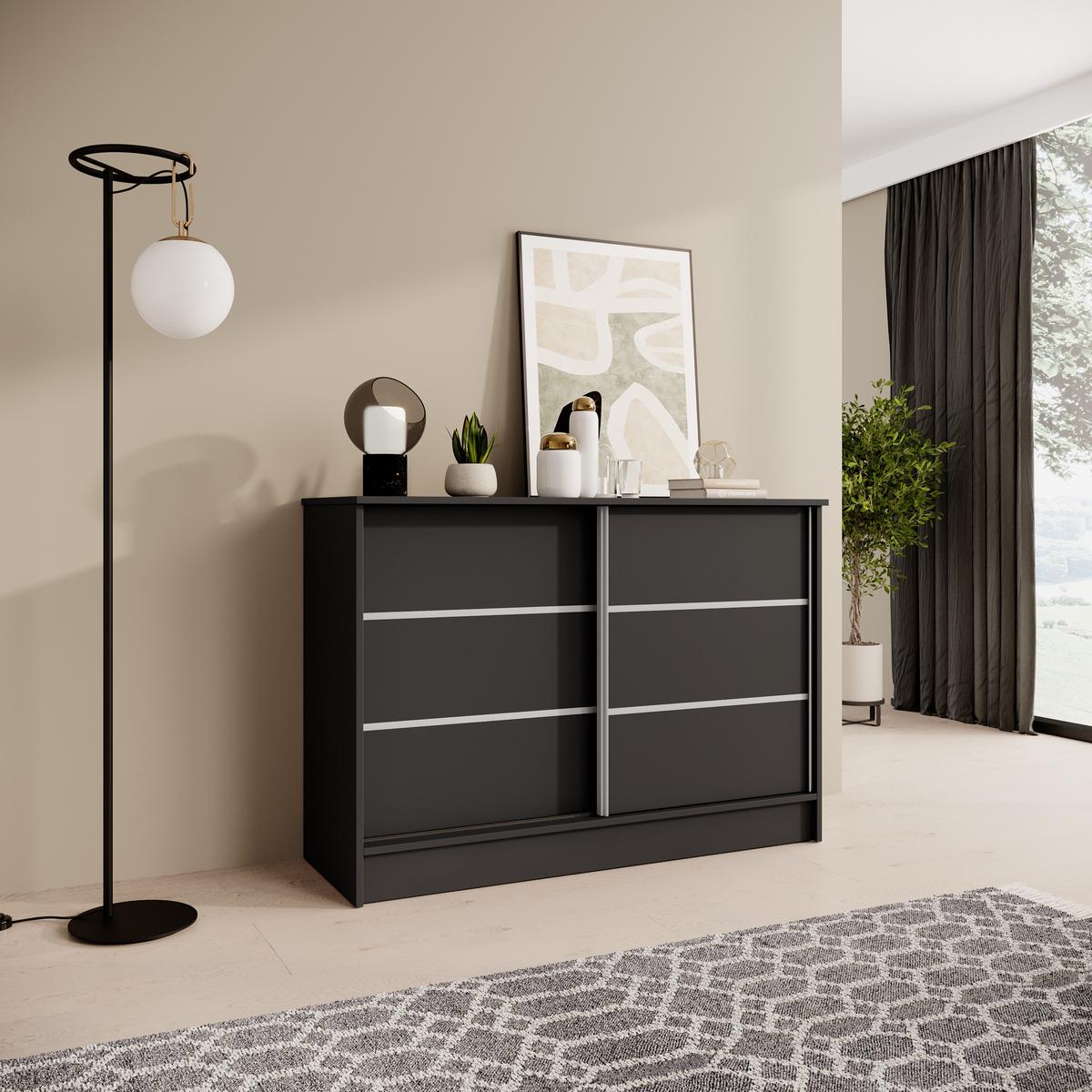 KOMMODE Mirela mit 2 Schiebetüren 120 cm, Schwarz - Schwarz, Holzwerkstoff (121/85/43.5cm) - Beautysofa
