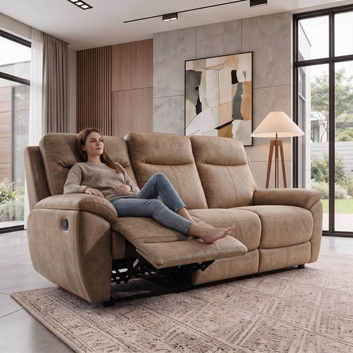 3-SITZER-RELAXSOFA Dolce, mit Relaxfunktion, 215 cm, Sandfarben, Velours - Braun, Textil (215/106/100cm) - Beautysofa